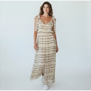 Judith March Beige Put A Bird On It Maxi Dress‎ Tie Shoulder V Neck Boho